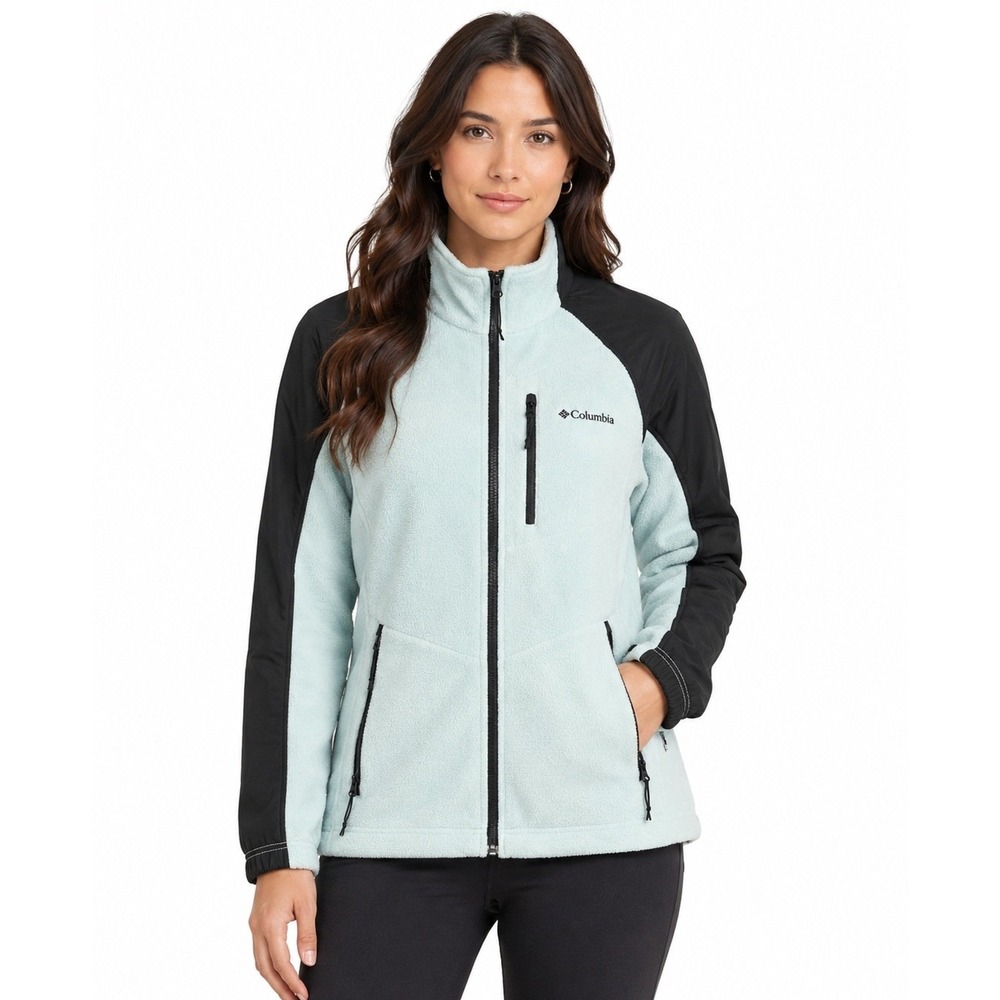 Columbia Fleece Jacket Womens L Mint Black Full Zip Pockets Mock Neck